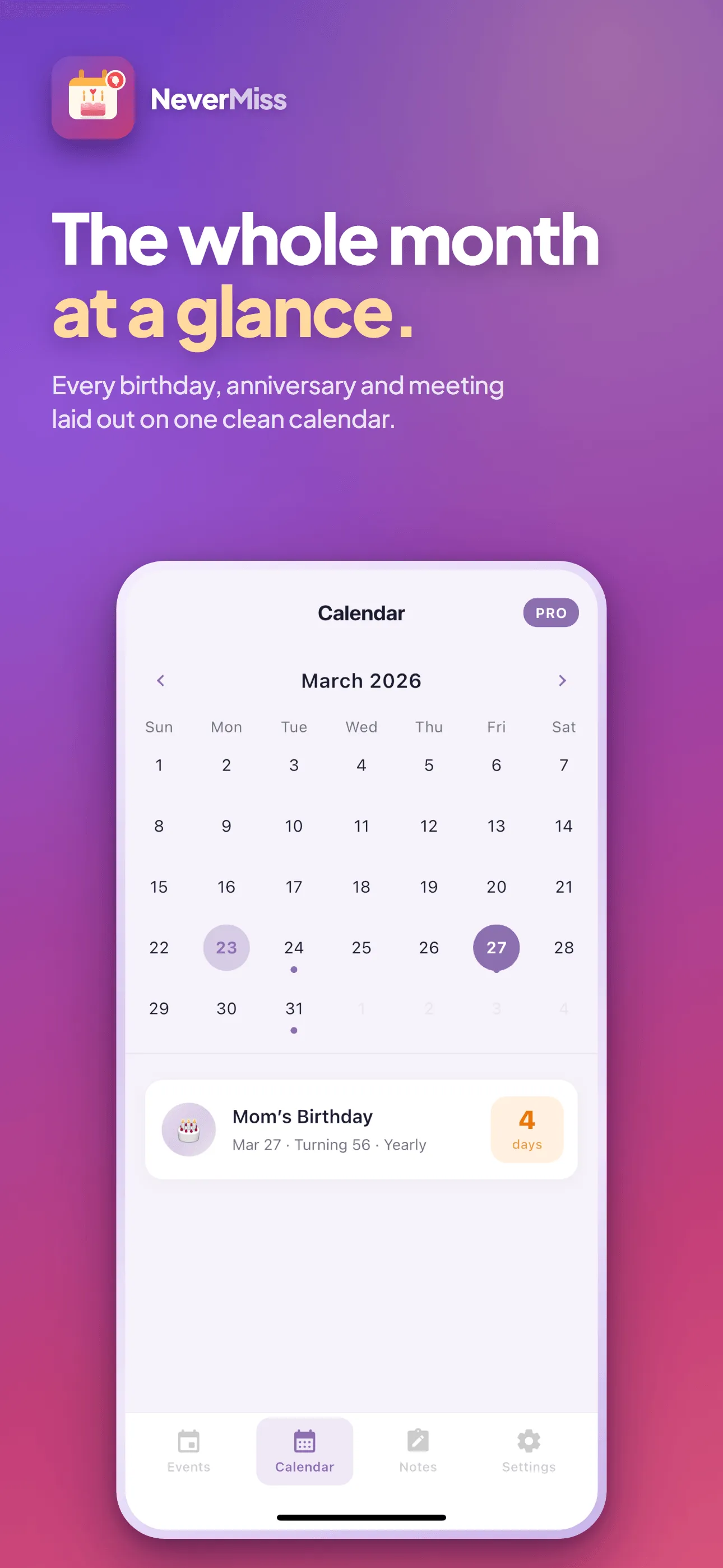 NeverMiss: A month at a glance
